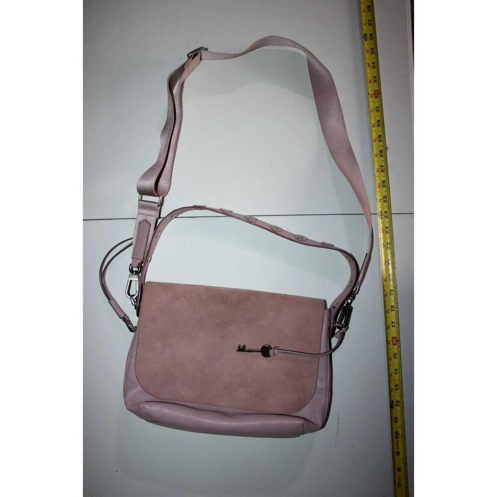 Fossil Pink Suede Leather Crossbody Bag Adjustable Strap Key Charm
